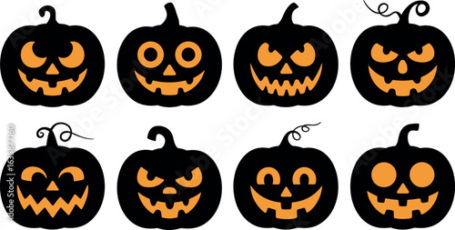 A collection of eight carved halloween pumpkins with glowing orange faces and stems on a white background