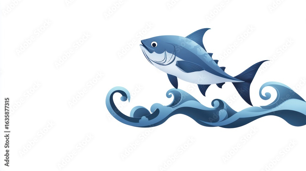 Obraz premium Cartoon tuna leaping over waves, ocean background, seafood illustration