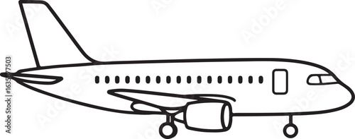 A clean line drawing of an airplane with landing gear down and a long series of windows