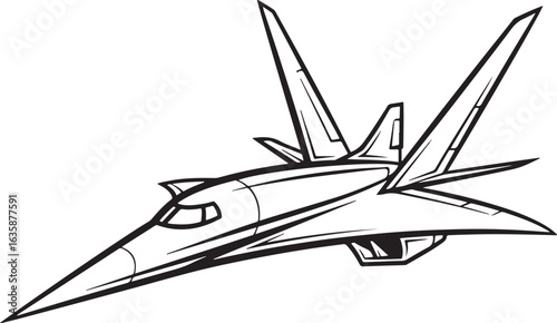 A clean line drawing of a futuristic or fictional jet aircraft with a sharp, pointed nose and distinctive wing and tail designs