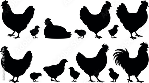 Collection of silhouetted farm chickens and chicks in various poses on a white background