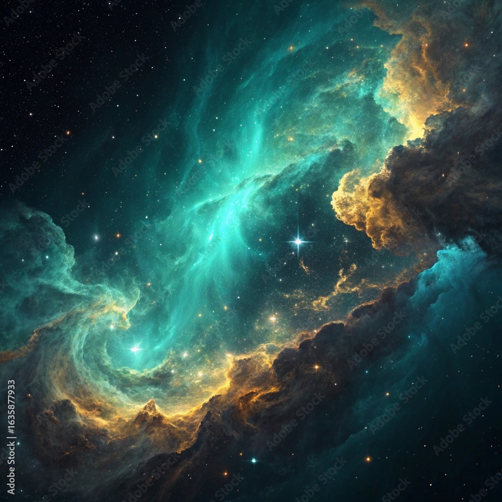 Obraz premium Teal and Gold Cosmic Nebula in Deep Space