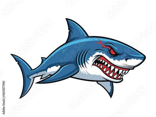 Ocean Predator: A detailed illustration of a fierce, blue shark, showcasing its powerful jaws, sharp teeth, and determined gaze, embodying the wild nature of the deep ocean.
