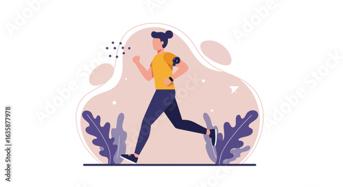 Woman running with music in a minimalist abstract park, for fitness web design