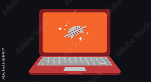 Laptop with UFO on screen, use design, sci-fi themes, black background, copy space