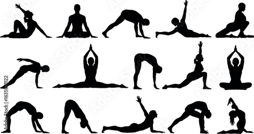 Collection of silhouetted figures demonstrating various yoga poses and stretches against a white background