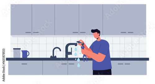 Man washing tools in kitchen sink. Home repair or cleanup illustration