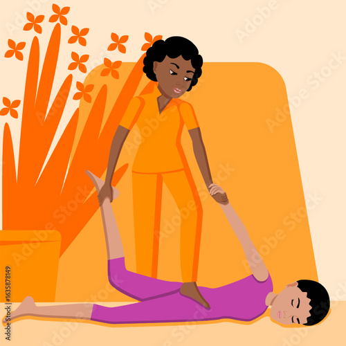 Shiatsu massage. Therapy and treatment by professional therapist in SPA. Isolated flat vector illustration. African and Indian ethnicity.