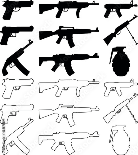Collection of silhouetted and line drawing firearms including assault rifles pistols and grenades