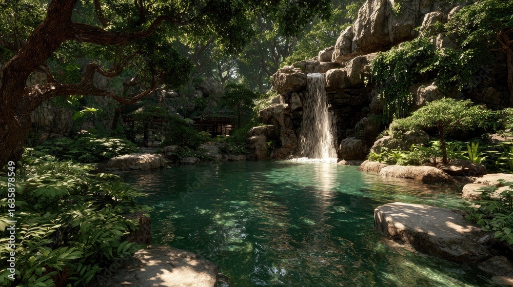 Naklejka premium Lush garden with waterfall