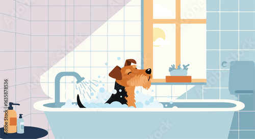 Cartoon dog bathing in a tub with bubbles and daylight shining through window