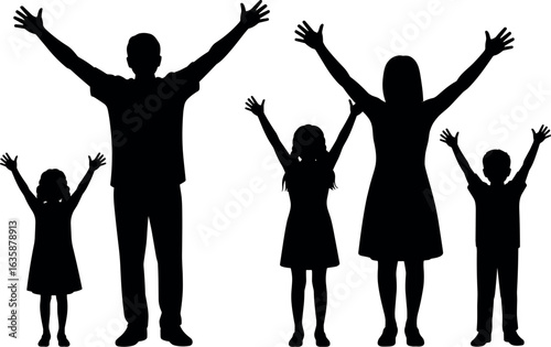 Joyful family silhouettes with arms raised in celebration and unity against a white background