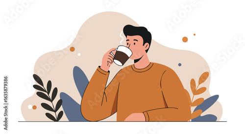 Relaxing guy drinks hot beverage; plants & abstract shapes in background. Used for lifestyle