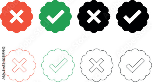 Collection of stylized checkmark and cross icons in red green black and outline variations representing approval and rejection