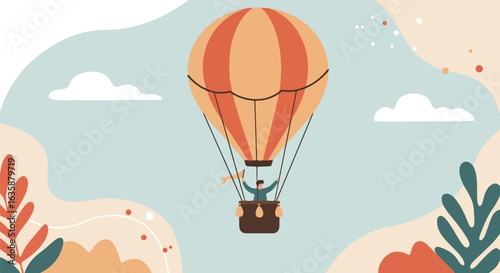 Person In Balloon,  Flying in Sky. Abstract Plants in Background. Illustration Use