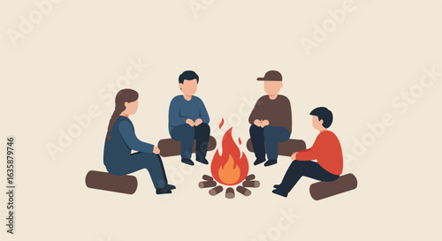 People around campfire, gathering logs illustration. Background is plain