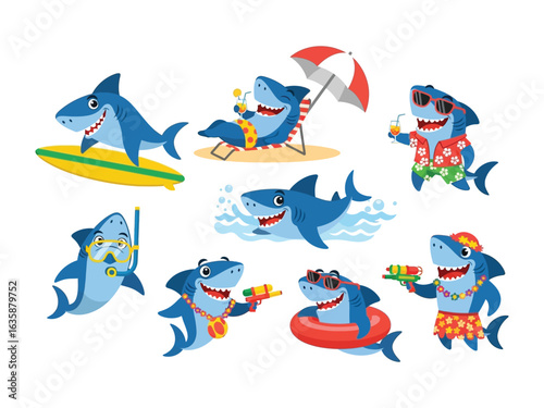 Shark's Summer Fun: A delightful illustration capturing cartoon sharks enjoying various summer activities, radiating joy and fun with their sunglasses and playful attitudes.
