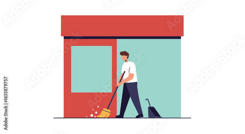 Janitor sweeping the outside of a store with an umbrella for cleaning concept