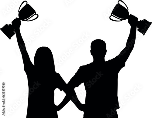 Silhouettes of two champions celebrating victory holding up their trophies in a triumphant pose against a white background