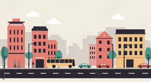 Cityscape with cars and bus traveling as people walk on the sidewalk. City skyline