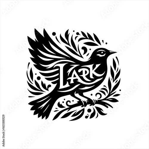 Artistic black and white logo of a lark bird with the word lark integrated into its body