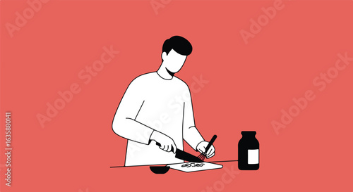 Man cooking food on a cutting board with jar near in flat graphic style for a recipe