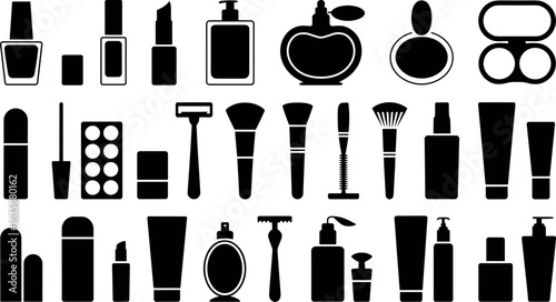 Collection of silhouetted beauty products and cosmetics showcasing various makeup and skincare essentials