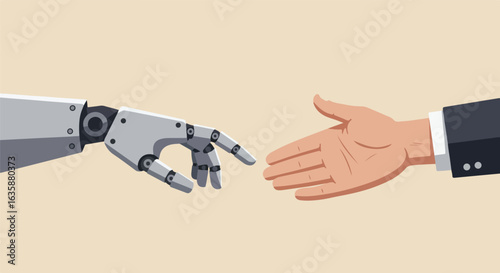 Human and robot hands reaching to touch on a plain background. Possible partnership