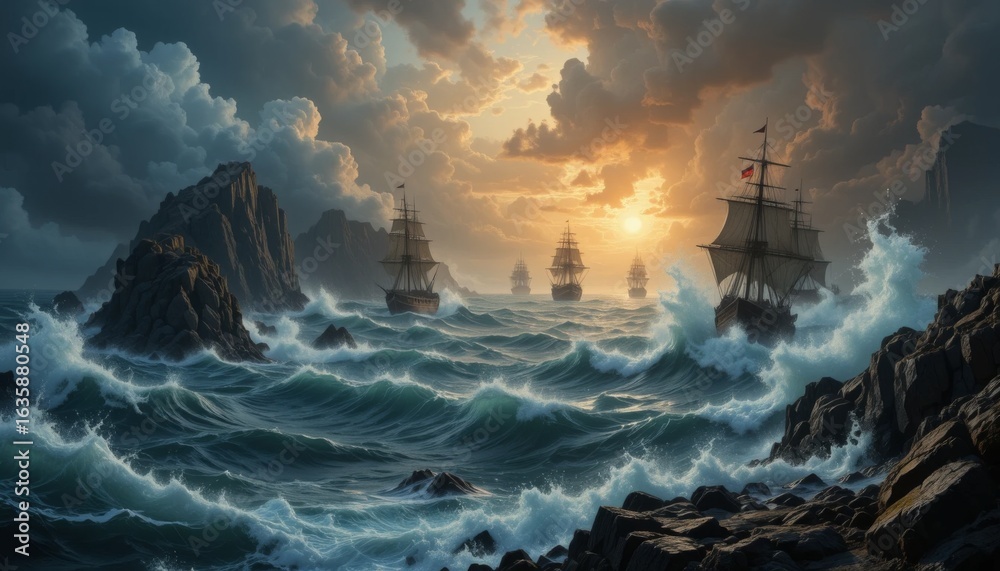 Fototapeta premium Tall ships sailing on rough seas at sunset