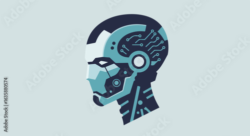 Robotic head profile on plain backdrop for AI, tech, design, futurism use