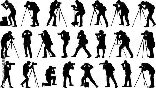 Silhouettes of photographers capturing moments with tripods and cameras in various dynamic poses