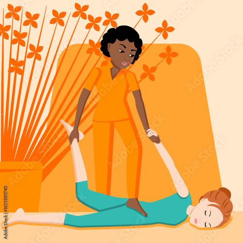 Shiatsu massage. Therapy and treatment by professional therapist in SPA. Isolated flat vector illustration. African and European ethnicity.