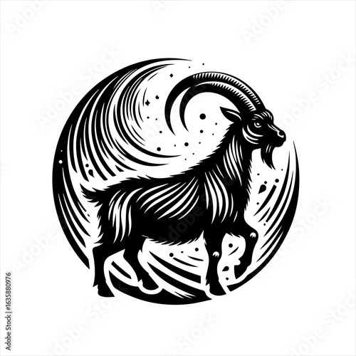Stylized black silhouette of a goat in a circular design