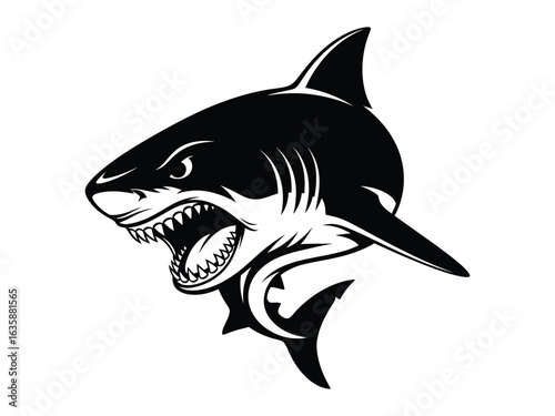 Menacing Aquatic Predator: A stark black and white illustration showcases a fierce shark, jaws agape, teeth bared, capturing its predatory essence in sharp detail.