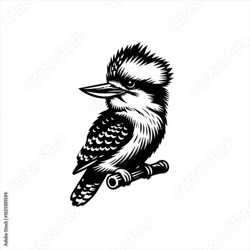 Stylized black and white illustration of a kookaburra perched on a branch