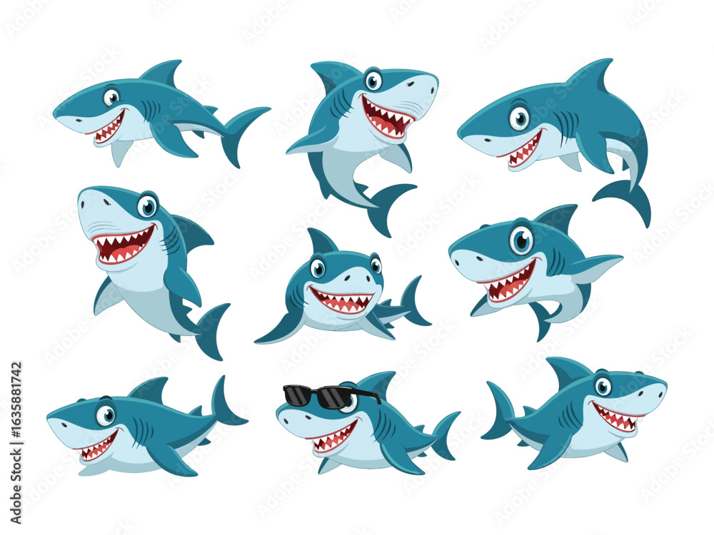 Obraz premium Smiling Sharks: A vibrant collection of nine cheerful sharks, each with a distinct personality, swimming and grinning to delight audiences and celebrate the magic of the ocean.
