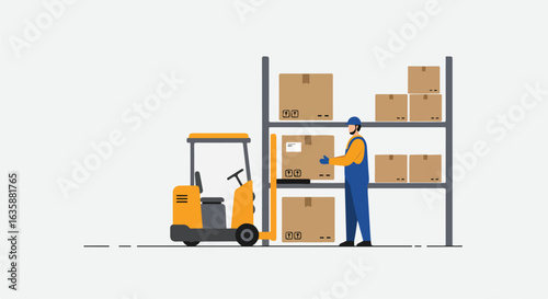 Worker Loads Boxes onto Shelves with Forklift in Warehouse