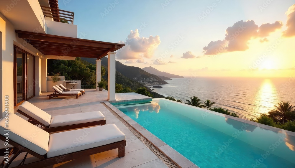 Fototapeta premium Luxurious holiday villa with private pool, sun loungers, and breathtaking ocean views Perfect for a relaxing getaway Enjoy outdoor dining and stunning sunsets , terrace, relaxation