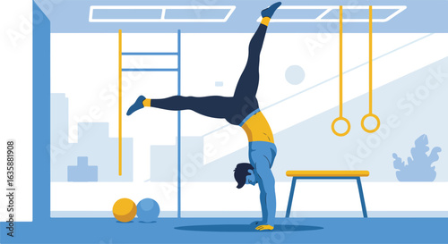 Man handstands in a gym in front of a cityscape, use for fitness
