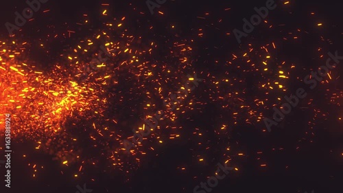 Flying sparks and embers from a fire. Abstract glowing particles of burning fire and smoke on a black background, campfire flashes. Cinematic background