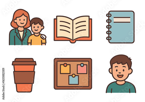 Student Mentoring Icons. Flat vector mini-illustrations student mentoring in colors children's illustrations: