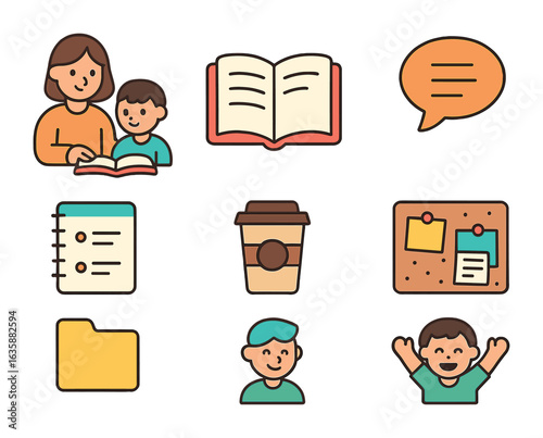 Student Mentoring Icons. Flat vector mini-illustrations student mentoring in colors children's illustrations: