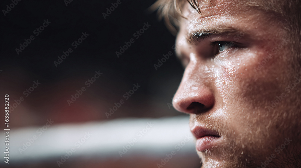 Obraz premium Intense closeup captures a mans sweatdrenched face in profile. Determination and focus are evident. Perfect for themes of sports, effort, resilience, or personal struggle.