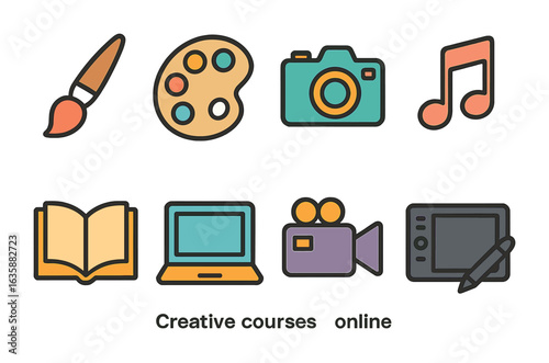 Creative Courses Icons. Flat vector mini-illustrations creative courses online in colors children's