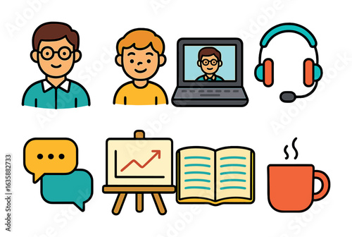Remote Tutoring Icons. Flat vector mini-illustrations remote tutoring in colors children's illustrations:
