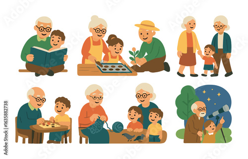 Grandparent Moments. Flat vector mini-illustrations Grandparents with grandchildren in colors children's