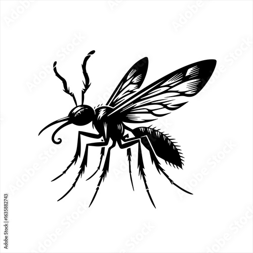Detailed black silhouette of a mosquito in flight on a white background