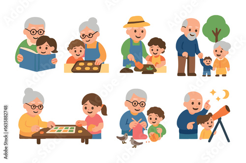 Grandparent Moments. Flat vector mini-illustrations Grandparents with grandchildren in colors children's