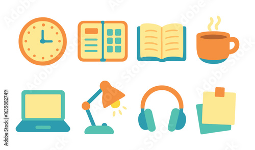 Colorful Education Icons. Flat vector mini-illustrations self-paced courses in colors children's illustrations