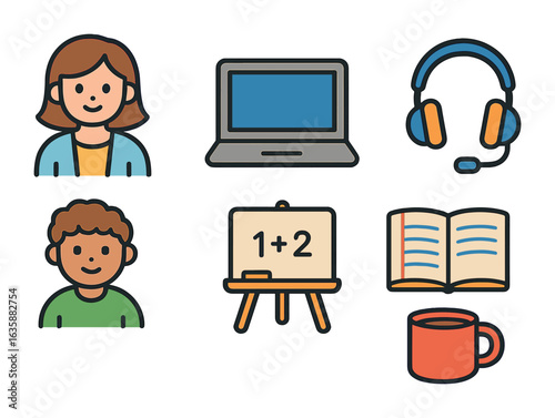 Remote Tutoring Icons. Flat vector mini-illustrations remote tutoring in colors children's illustrations: